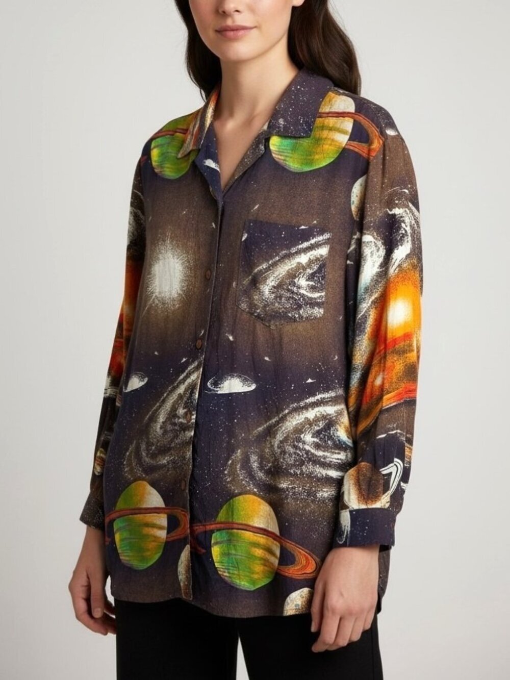 Vtg Anne Pinkerton Space Print Rayon Button Front Blouse Galaxy Planet Shirt 9